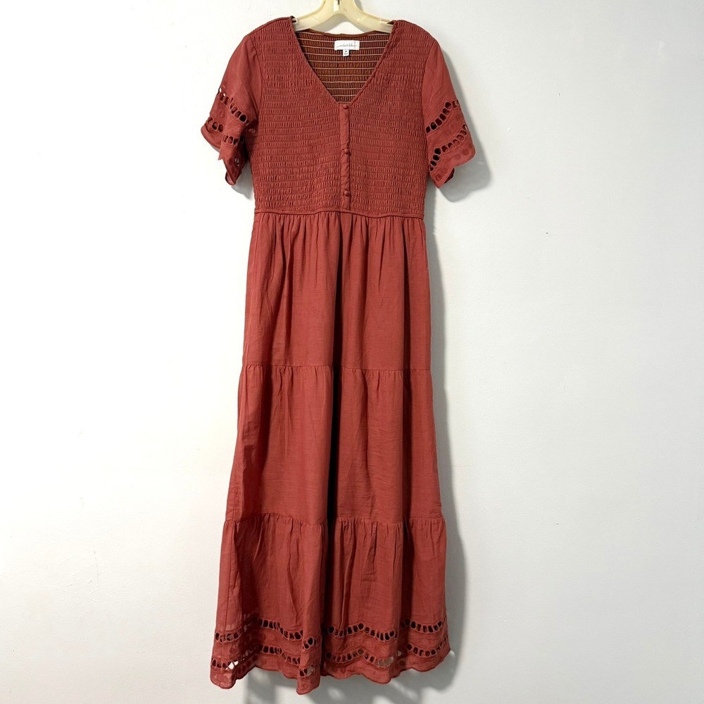 One Loved Babe Rosy Rust Smocked Eyelet Tiered Maxi Dress Terracotta Cotton M